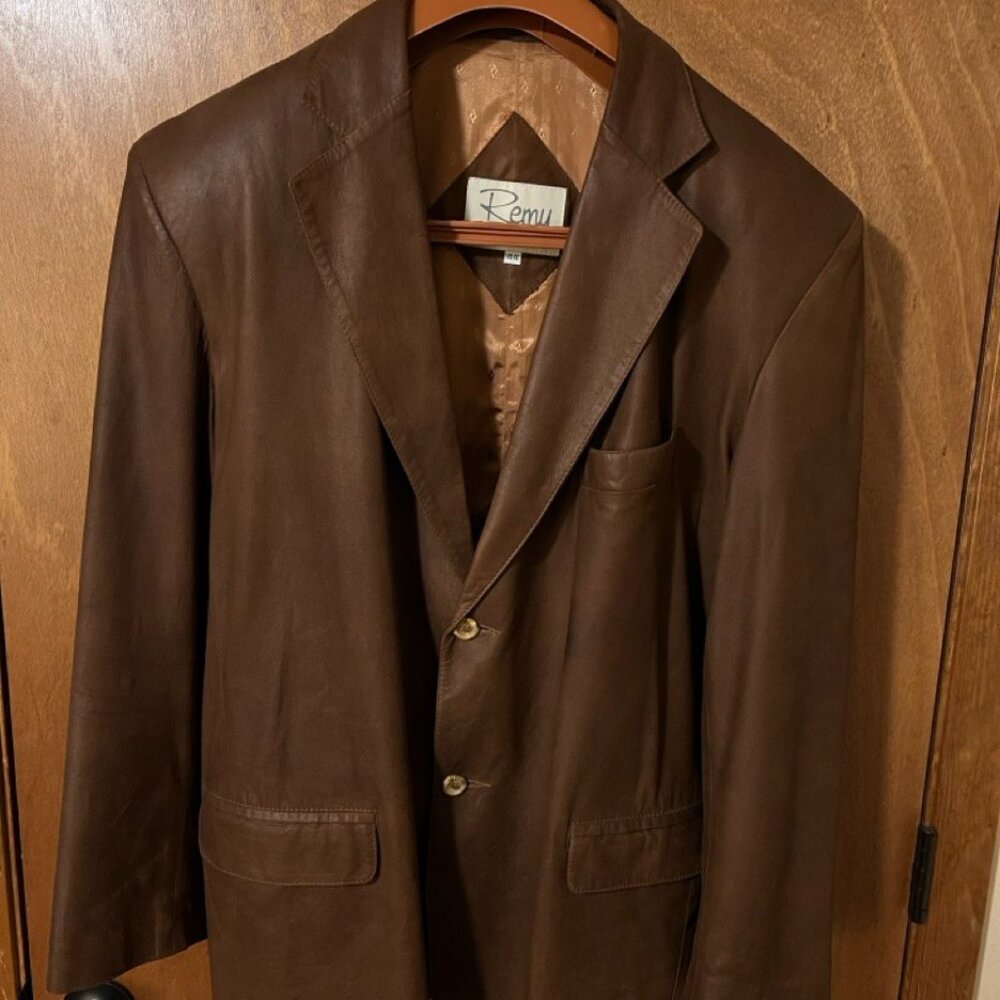 Remy Vintage Brown Soft Leather Classic Two-Button Men Blazer Size 44